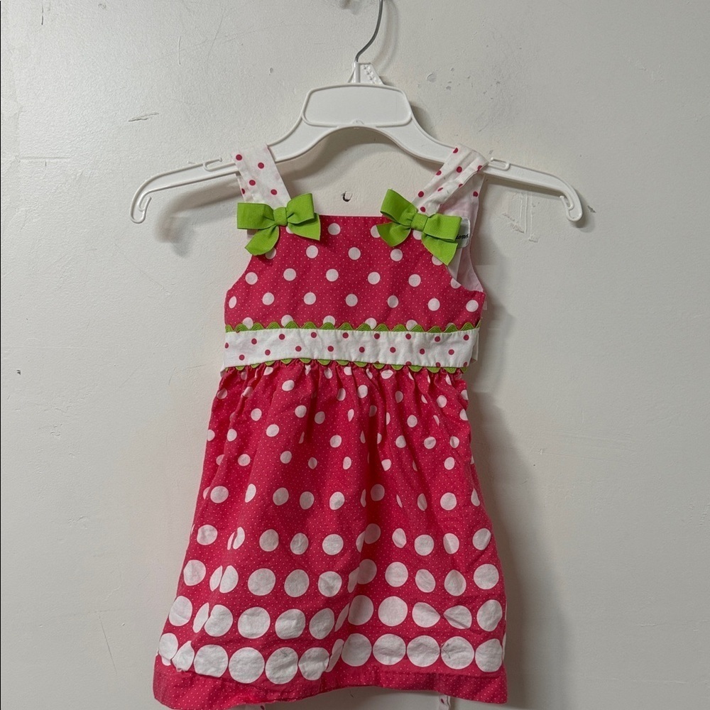 Pink Polka Dot Kids Dress with Green Accents